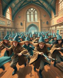 Discover a vibrant illustration of a magical school brimming with young wizards in dynamic action poses. The artwork feature