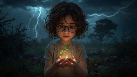 A high-resolution, professional-quality stock photo depicting a gentle, bespectacled young girl with curly brown hair, remini