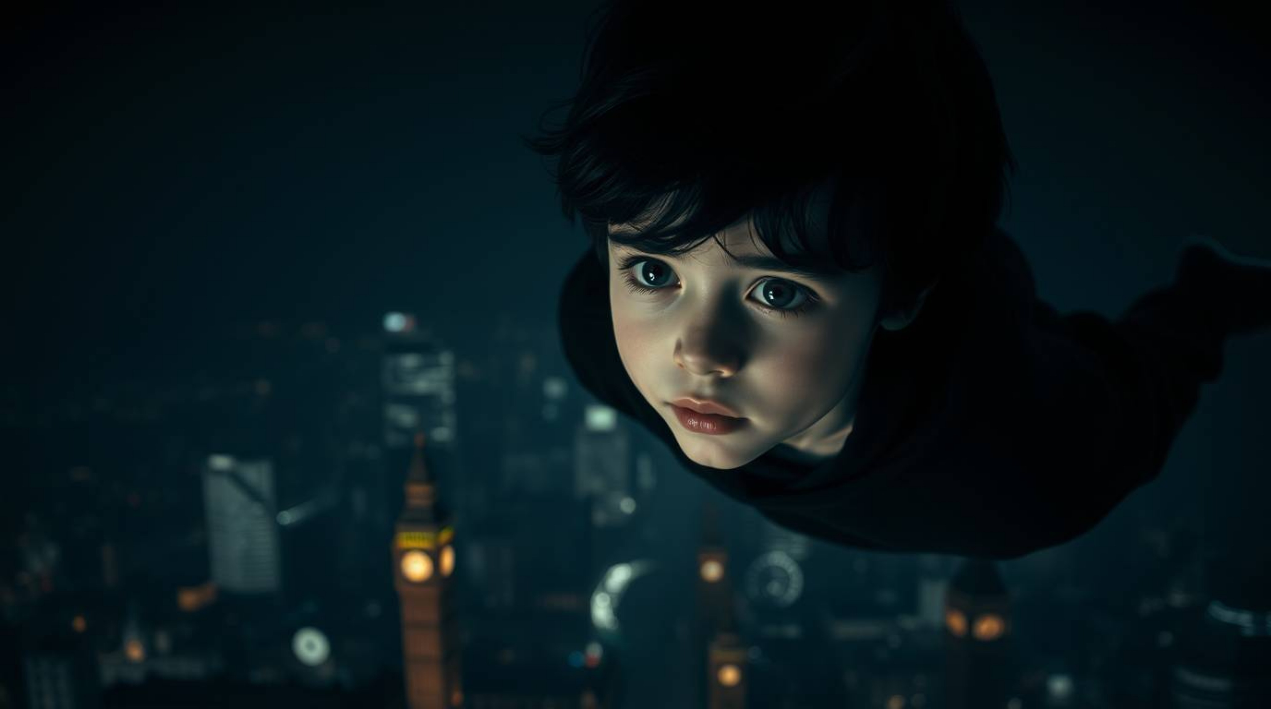 A captivating image of a young boy with dark hair and pale skin floating above London, rendered in an intense jet black style