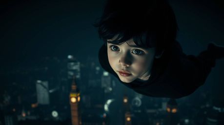 A captivating image of a young boy with dark hair and pale skin floating above London, rendered in an intense jet black style