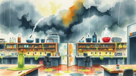 This captivating watercolor painting depicts a slime-covered science lab under intense dramatic weather. The artwork utilizes