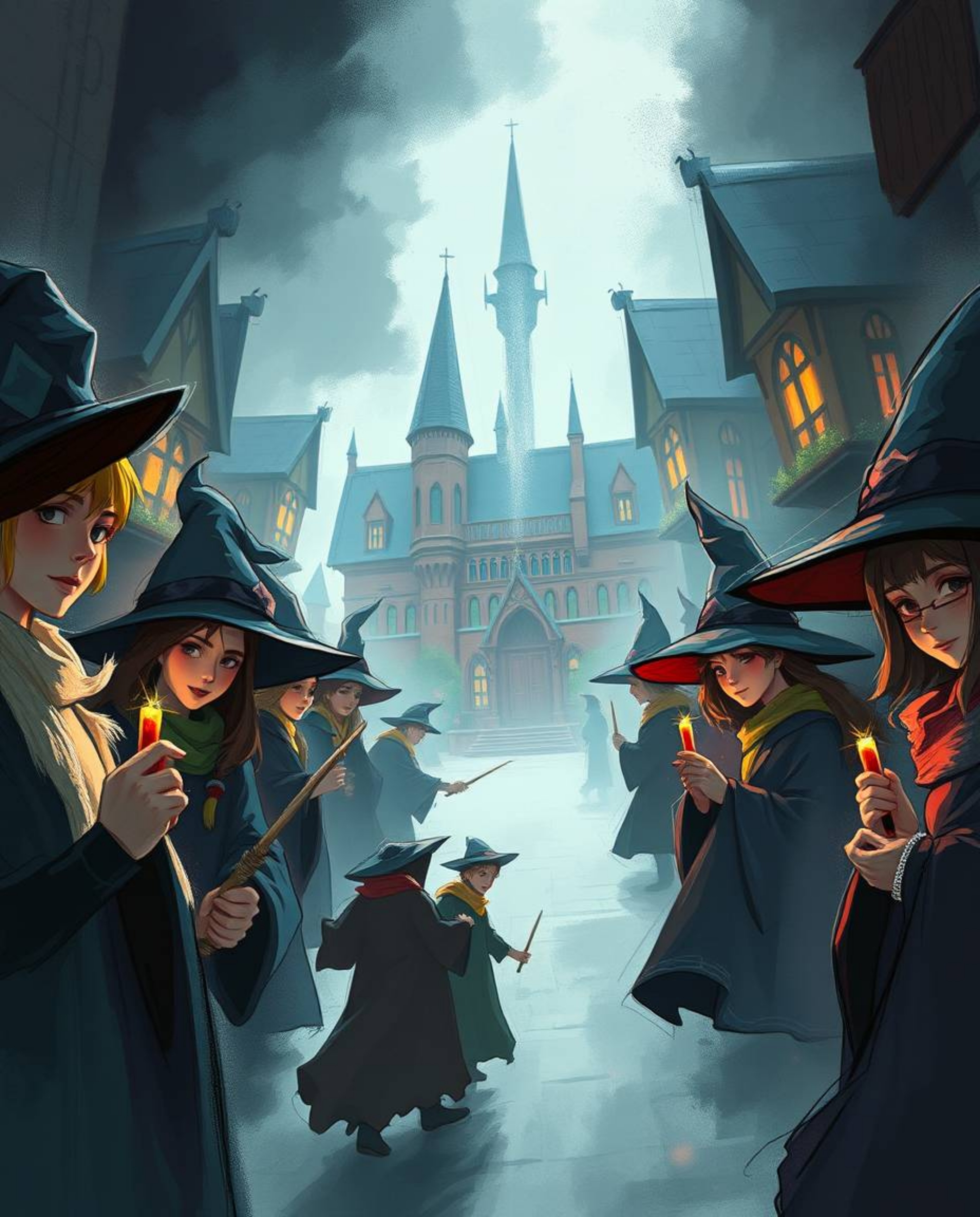 A captivating digital sketch depicts a magical school brimming with young wizards.  Rendered in vibrant, complementary epic c