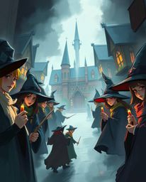 A captivating digital sketch depicts a magical school brimming with young wizards.  Rendered in vibrant, complementary epic c