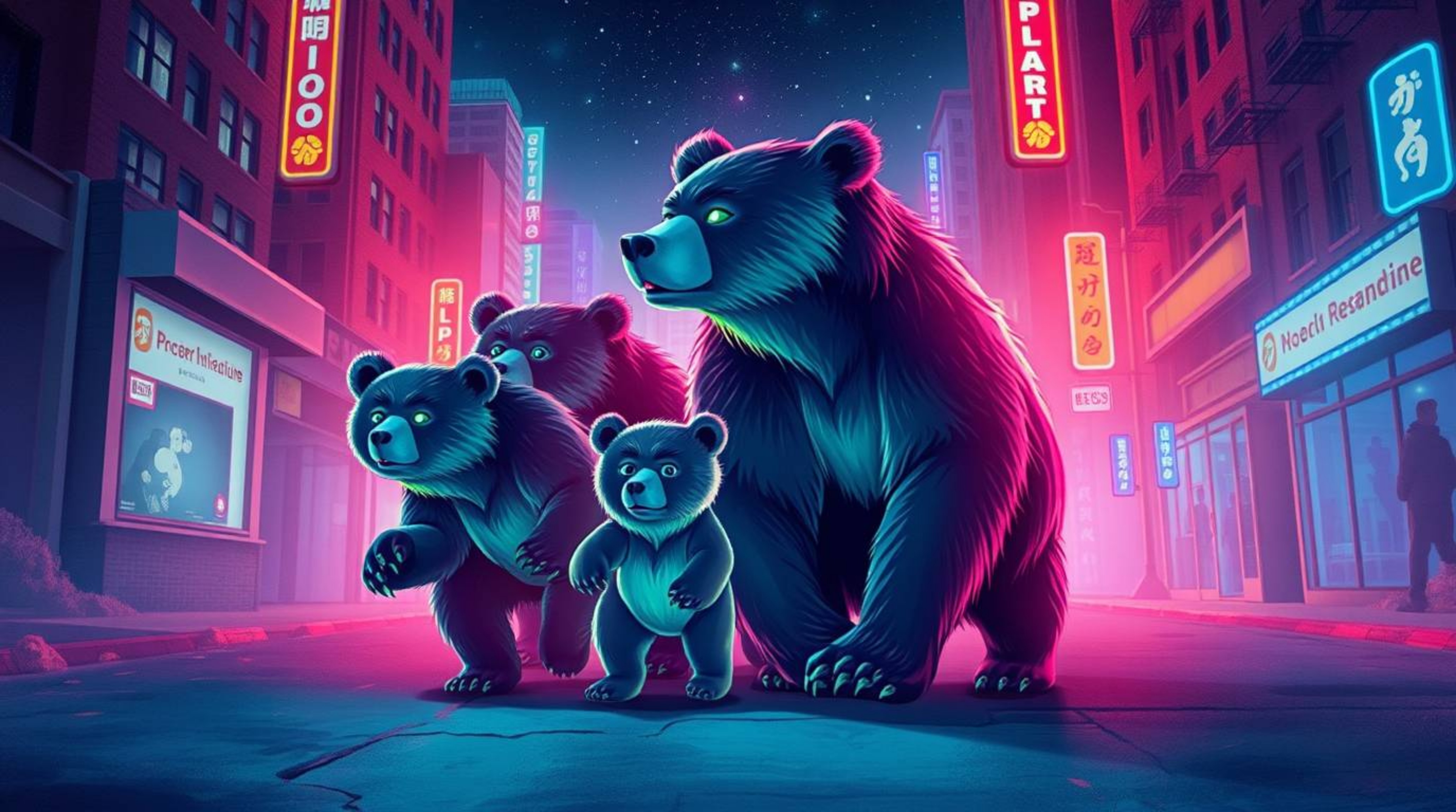 Explore a surreal urban landscape with a bear family brought to life through bioluminescent colors and infrared tones. This o