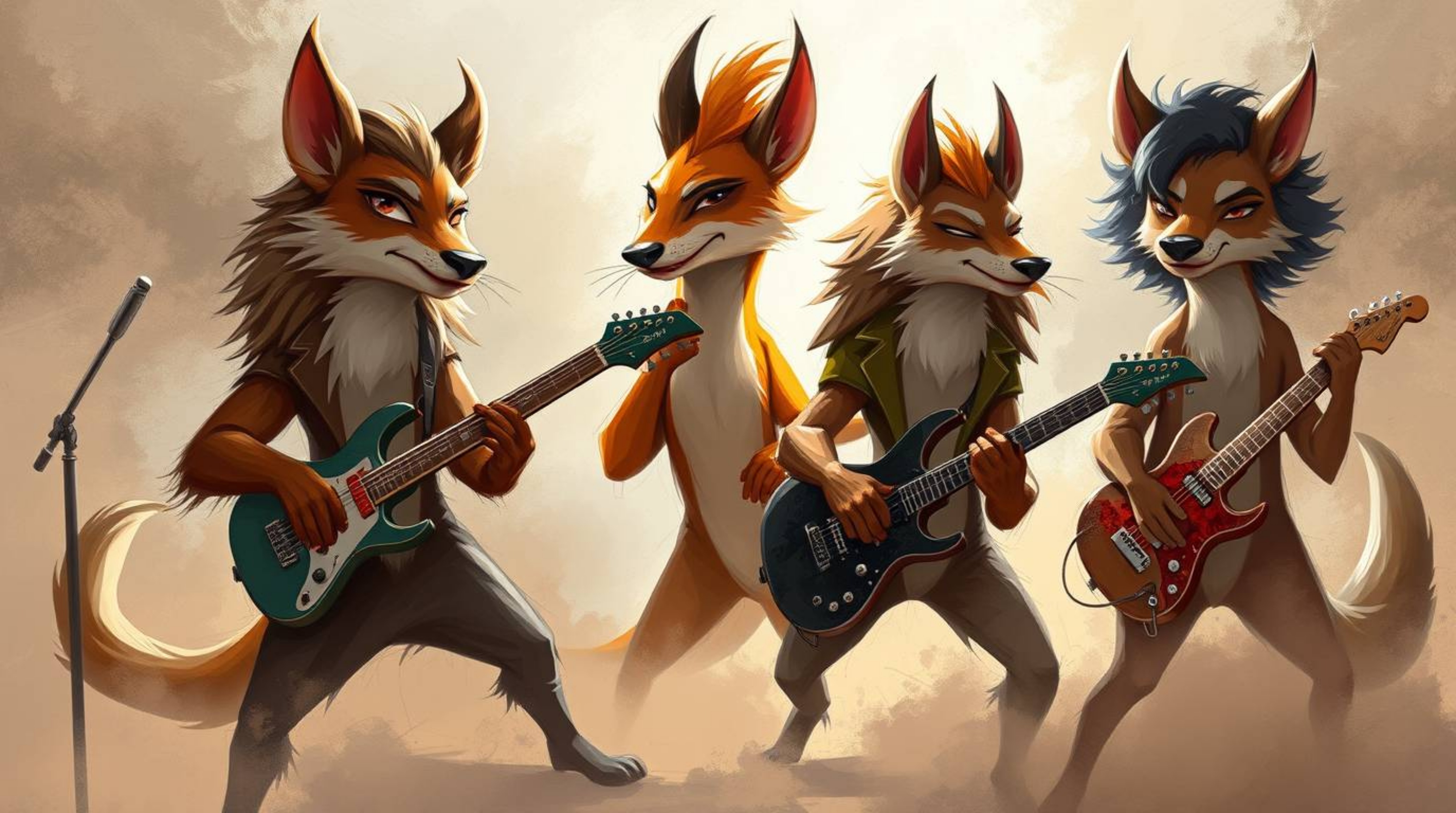 A captivating digital painting depicts a rock band comprised of charming cartoon animals.  Rendered in vibrant, complementary
