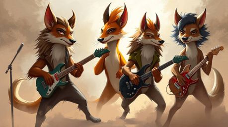 A captivating digital painting depicts a rock band comprised of charming cartoon animals.  Rendered in vibrant, complementary