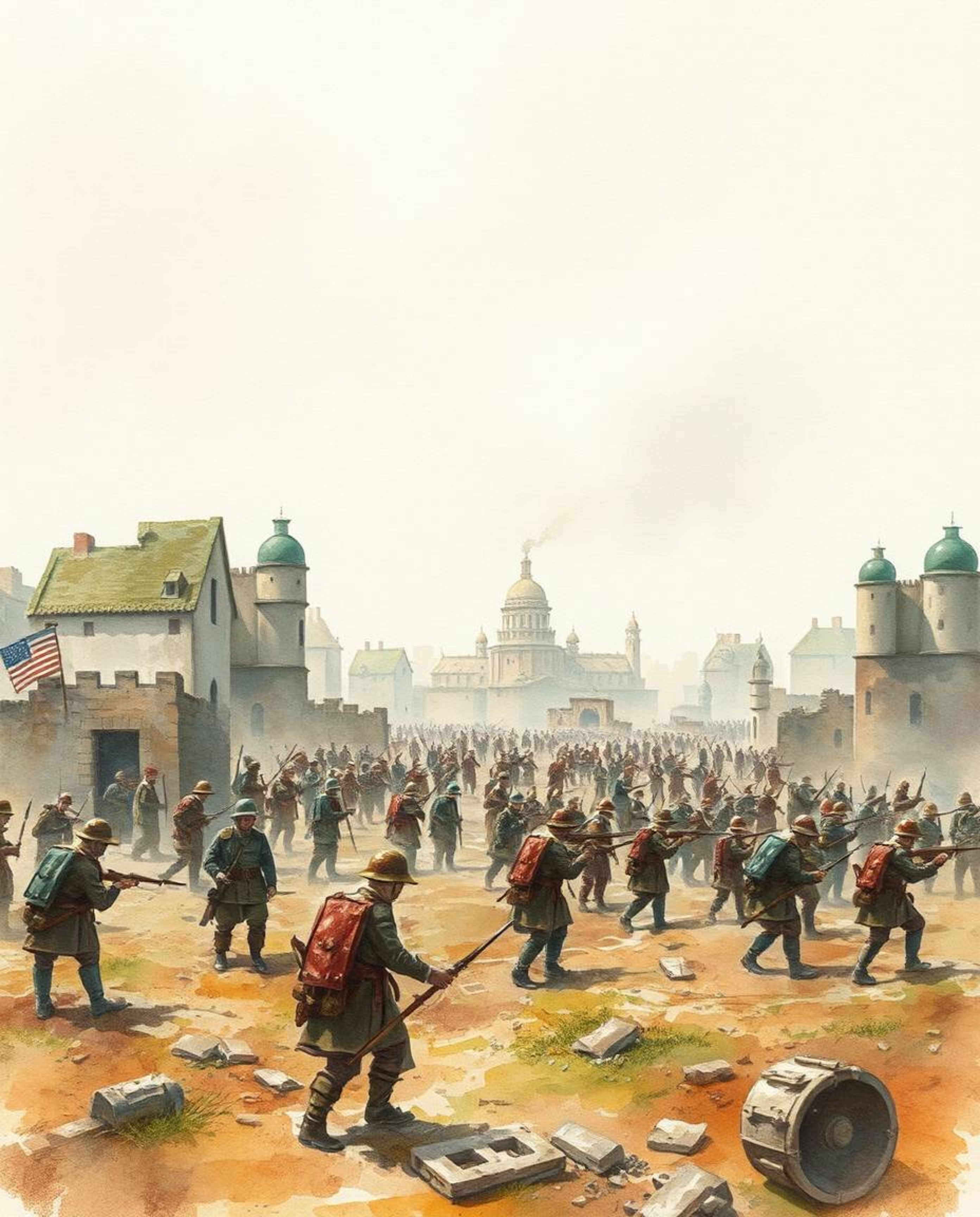 A delicate watercolor painting depicts a chaotic battlefield scene, featuring time-warped soldiers amidst crumbling buildings