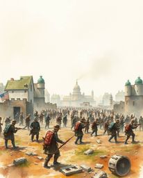 A delicate watercolor painting depicts a chaotic battlefield scene, featuring time-warped soldiers amidst crumbling buildings