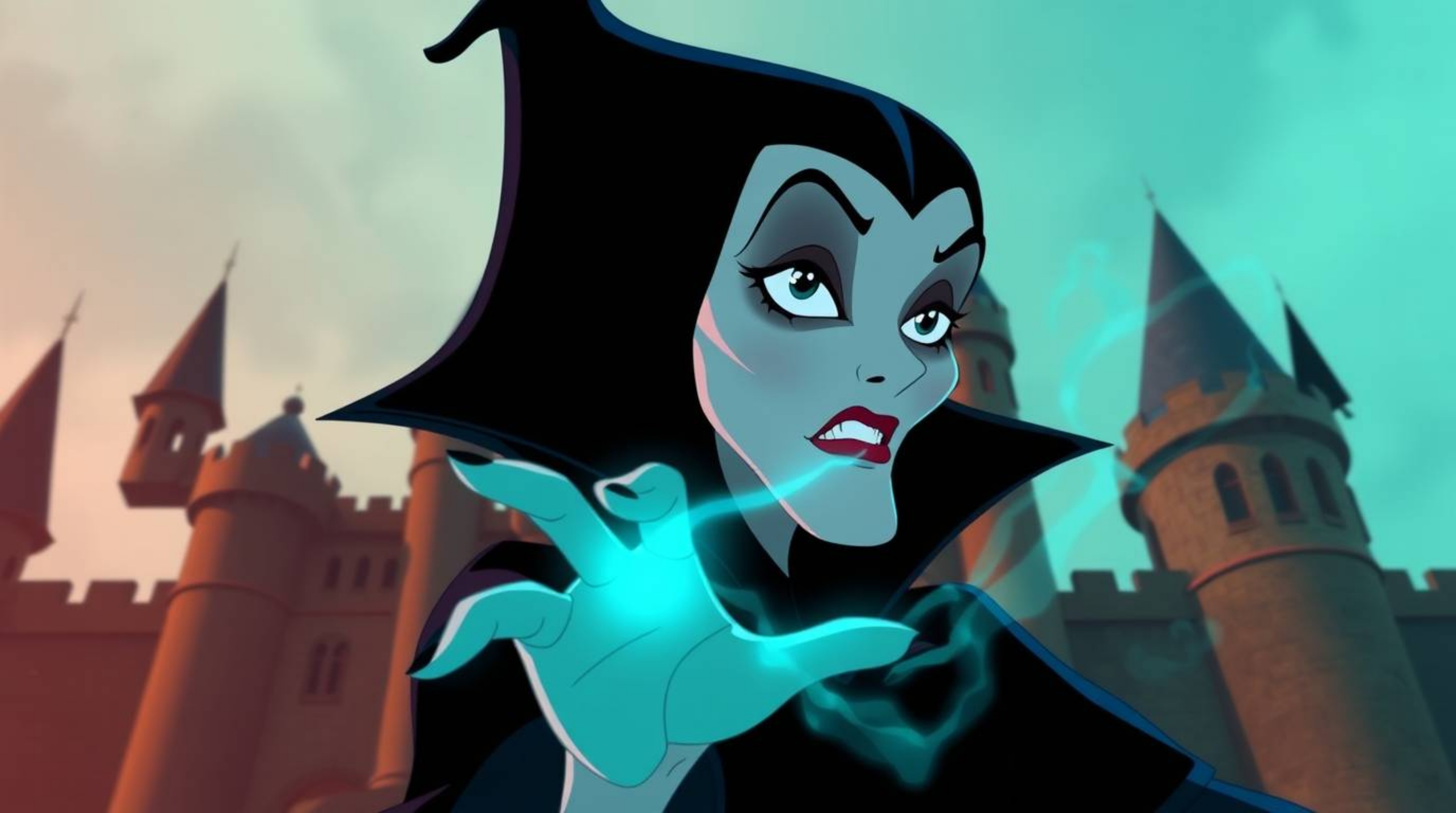 A classic Disney villain with sharp features and fair skin is depicted casting a spell within the aged walls of an old castle