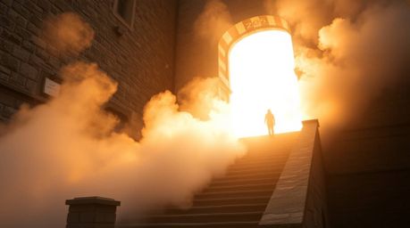 A captivating photograph depicts a solitary figure ascending a weathered stone staircase, bathed in the ethereal glow of a di