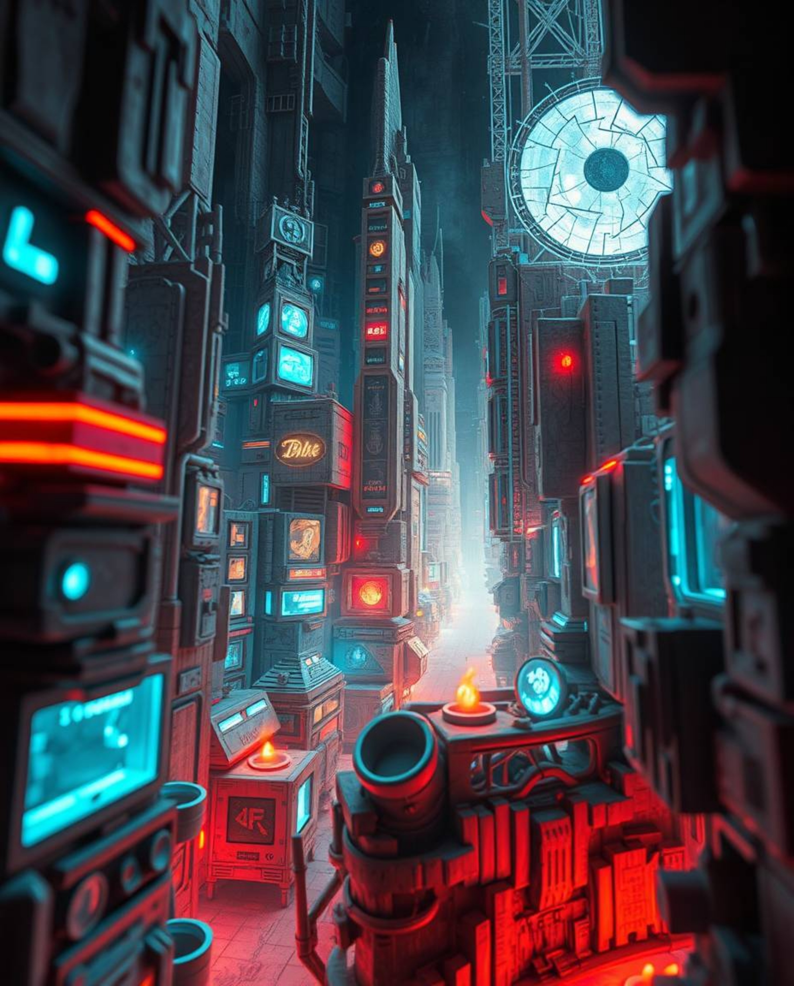 Explore a captivating futuristic city rendered in a unique glitch art style. Crafted from layered papier-mâché, this digital 