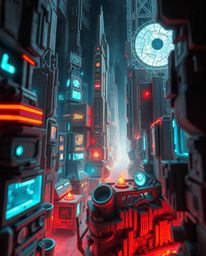 Explore a captivating futuristic city rendered in a unique glitch art style. Crafted from layered papier-mâché, this digital 