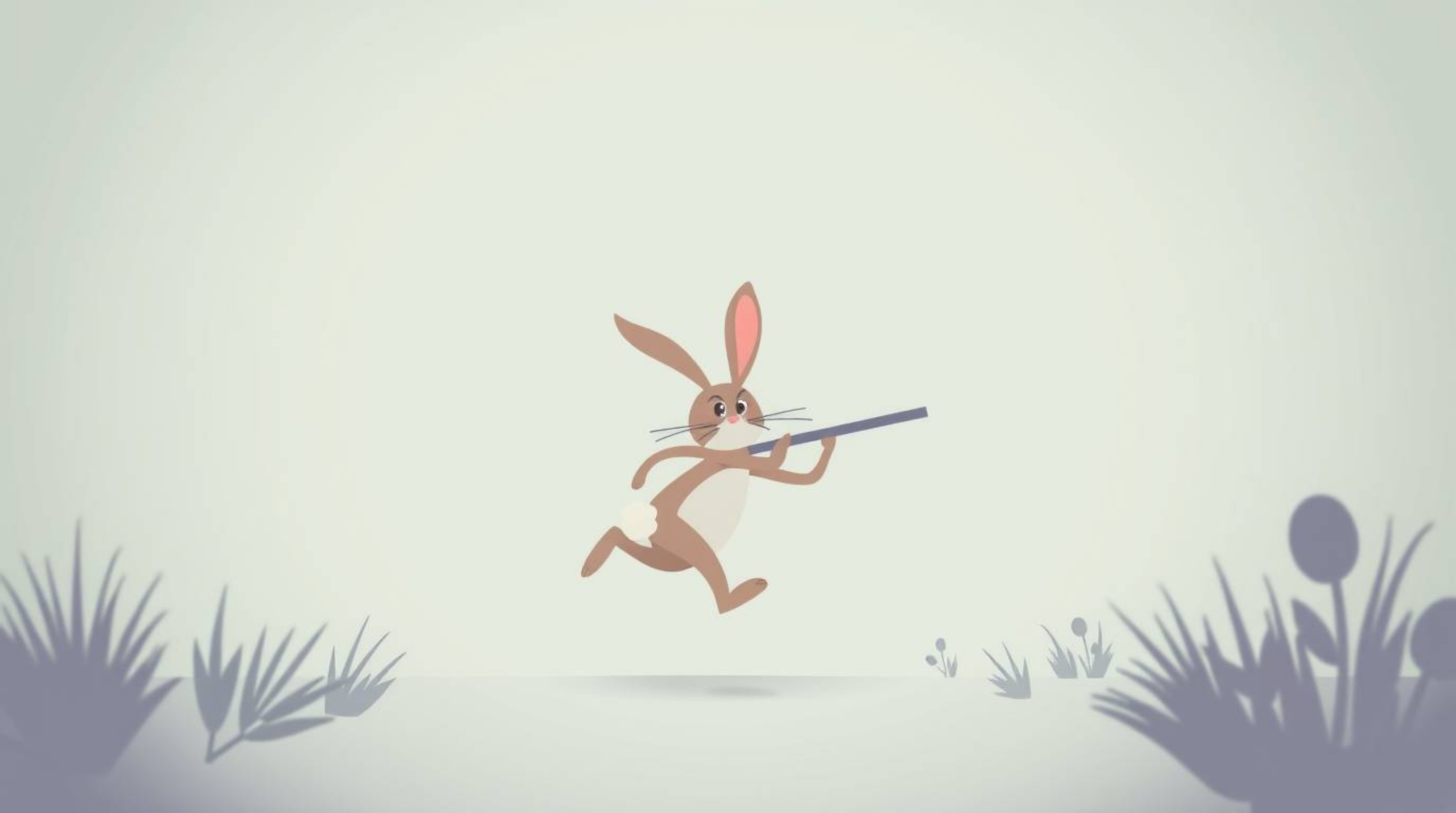 Experience a delightful scene of a wacky rabbit with simple shapes outrunning a hunter in a modern flat design, low angle per