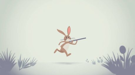 Experience a delightful scene of a wacky rabbit with simple shapes outrunning a hunter in a modern flat design, low angle per