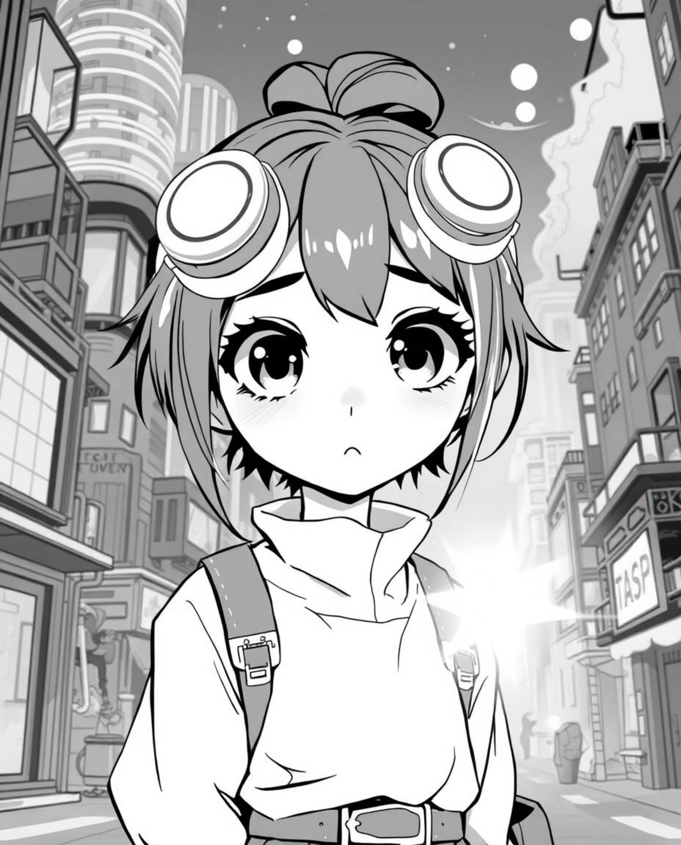 A captivating black and white Isekai anime-style illustration showcases a young inventor girl with large, expressive eyes, ra