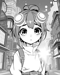 A captivating black and white Isekai anime-style illustration showcases a young inventor girl with large, expressive eyes, ra