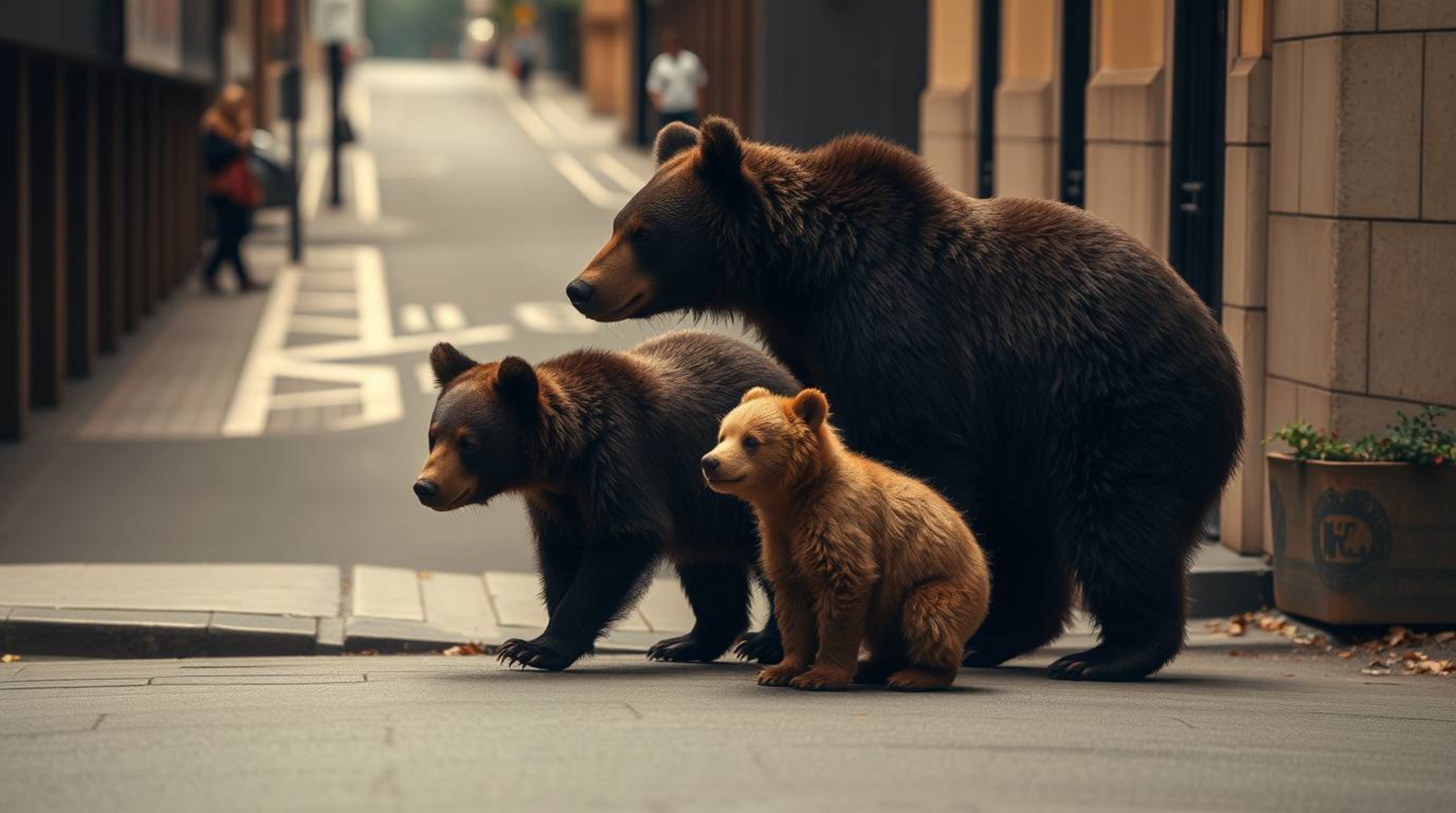 A captivating fine art photograph showcases a bear family's unexpected urban adventure.  Captured from a high angle with a wa
