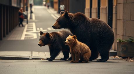 A captivating fine art photograph showcases a bear family's unexpected urban adventure.  Captured from a high angle with a wa