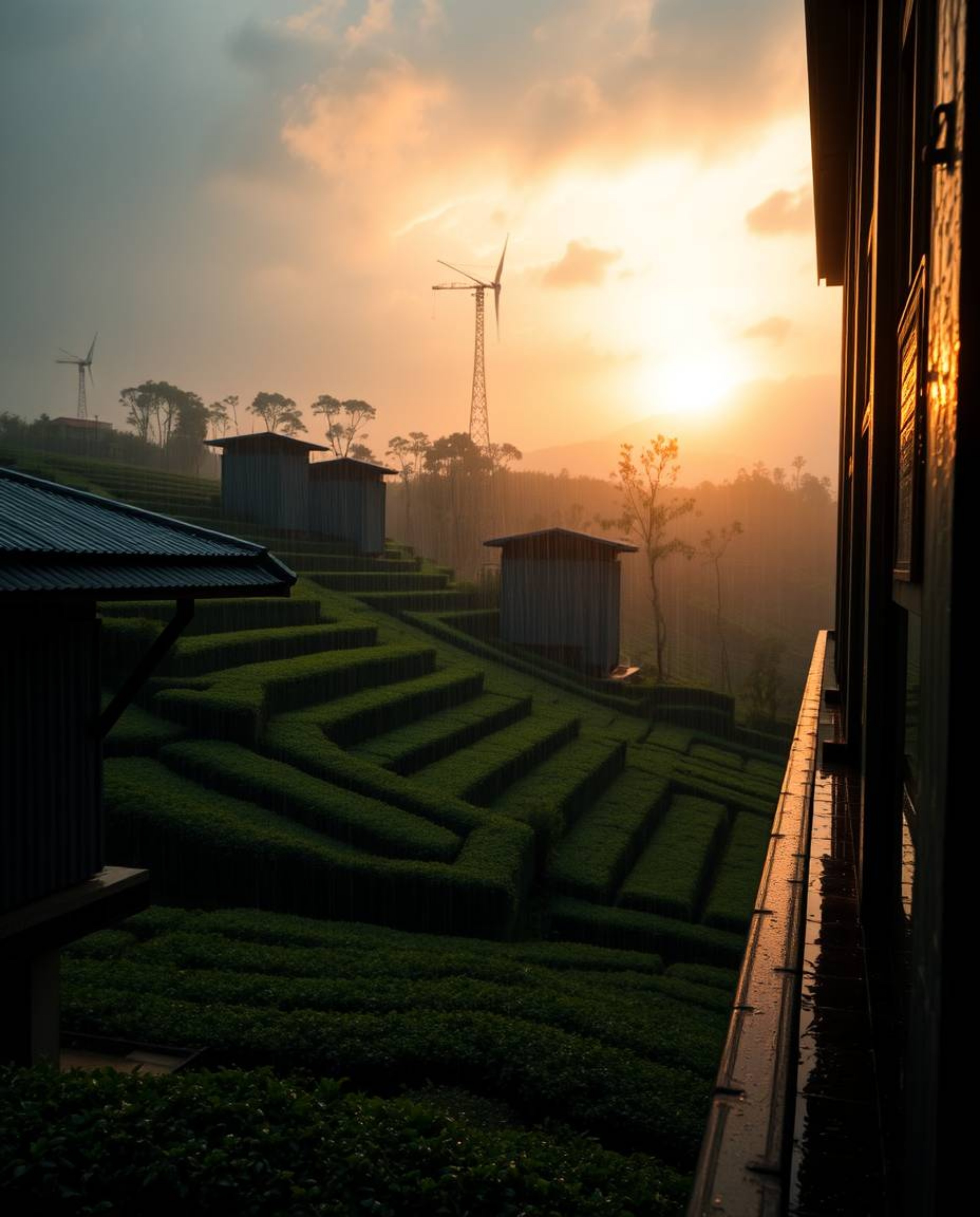 This is a moody, architectural color photograph capturing a sunset over terraced tea plantations during a period of rain. The