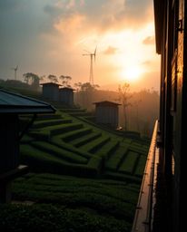 This is a moody, architectural color photograph capturing a sunset over terraced tea plantations during a period of rain. The