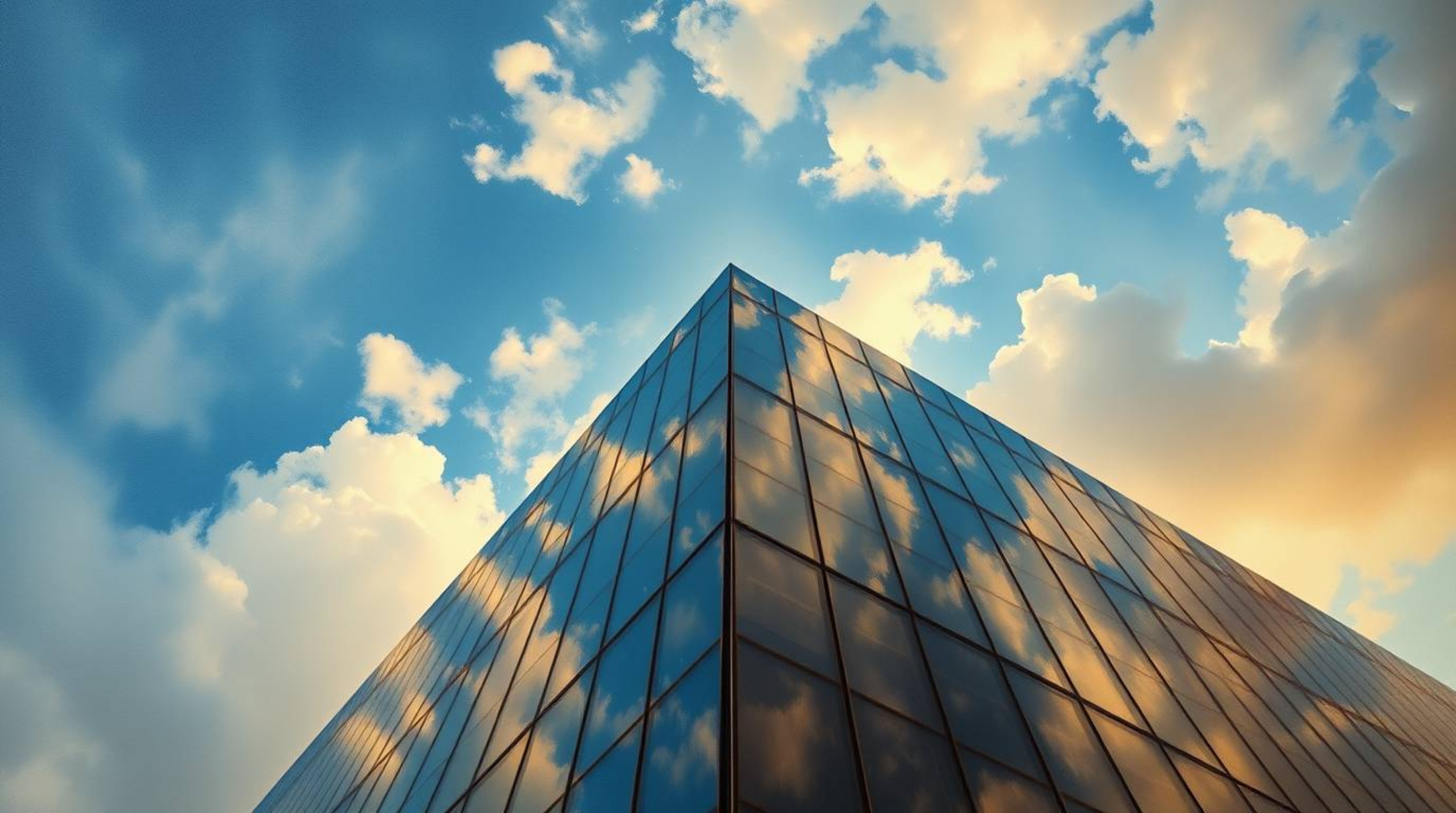 A captivating oil painting showcases a low-angle view of a modern glass building seamlessly dissolving into a soft, cloudy sk