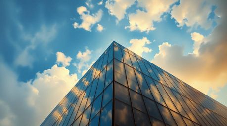 A captivating oil painting showcases a low-angle view of a modern glass building seamlessly dissolving into a soft, cloudy sk
