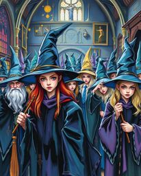 Discover a captivating acrylic painting depicting a magical school brimming with graceful young wizards.  The artwork showcas