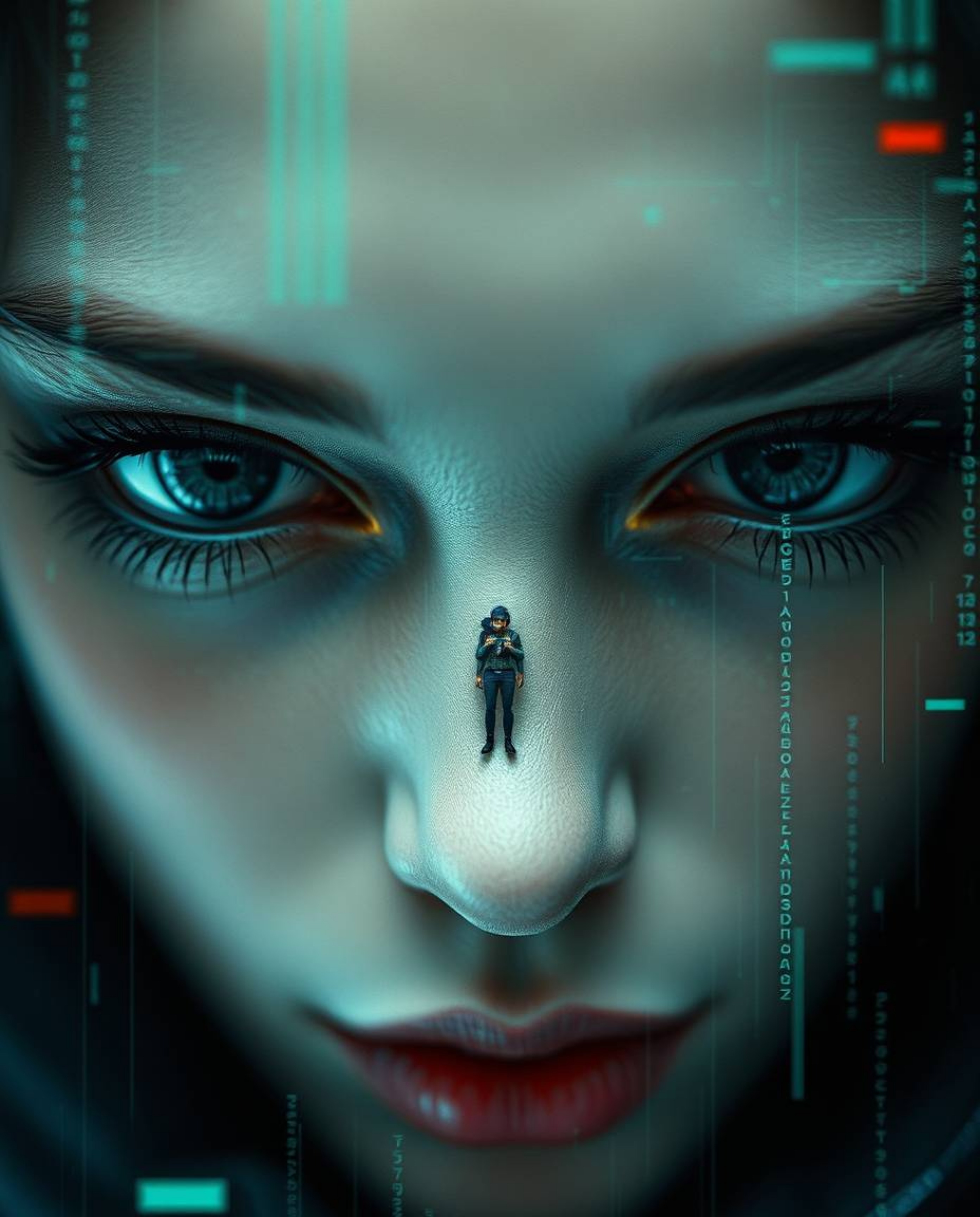 A captivating extreme macro close-up reveals a futuristic sci-fi digital glitch art portrait.  The image showcases a corrupte