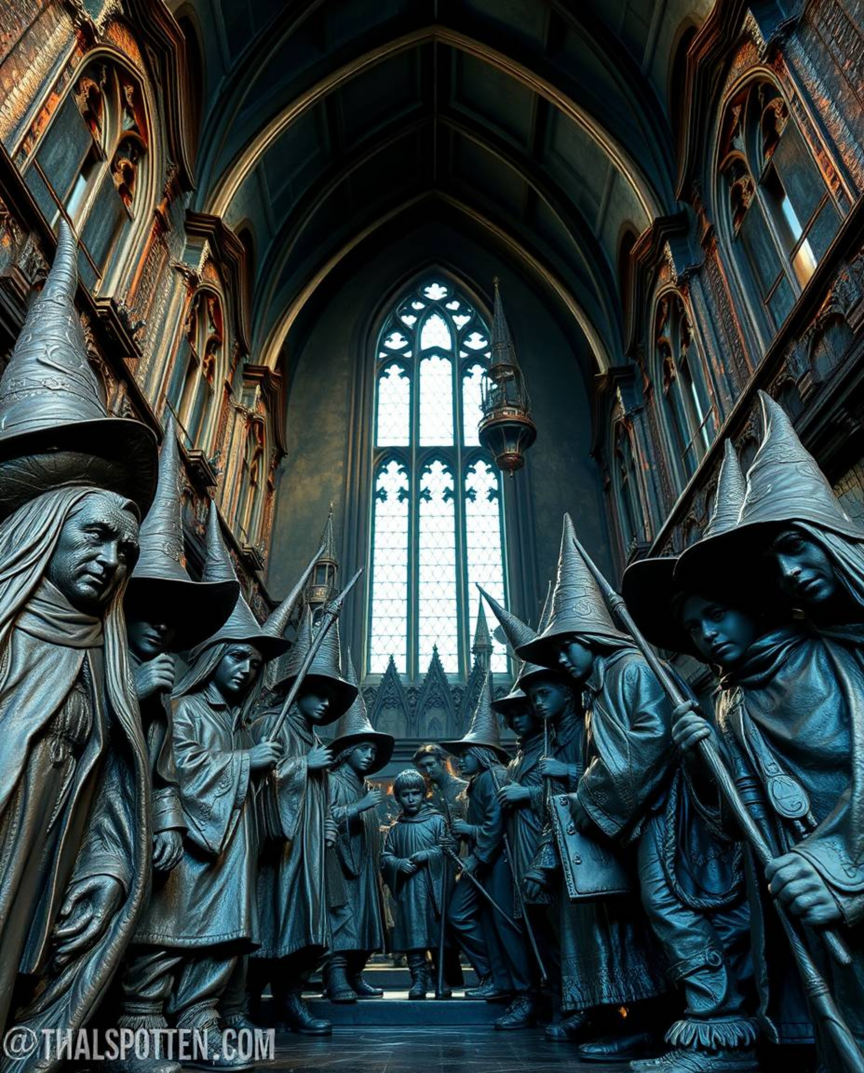 This captivating cast bronze sculpture depicts a magical school teeming with young wizards, rendered from a dramatic low angl