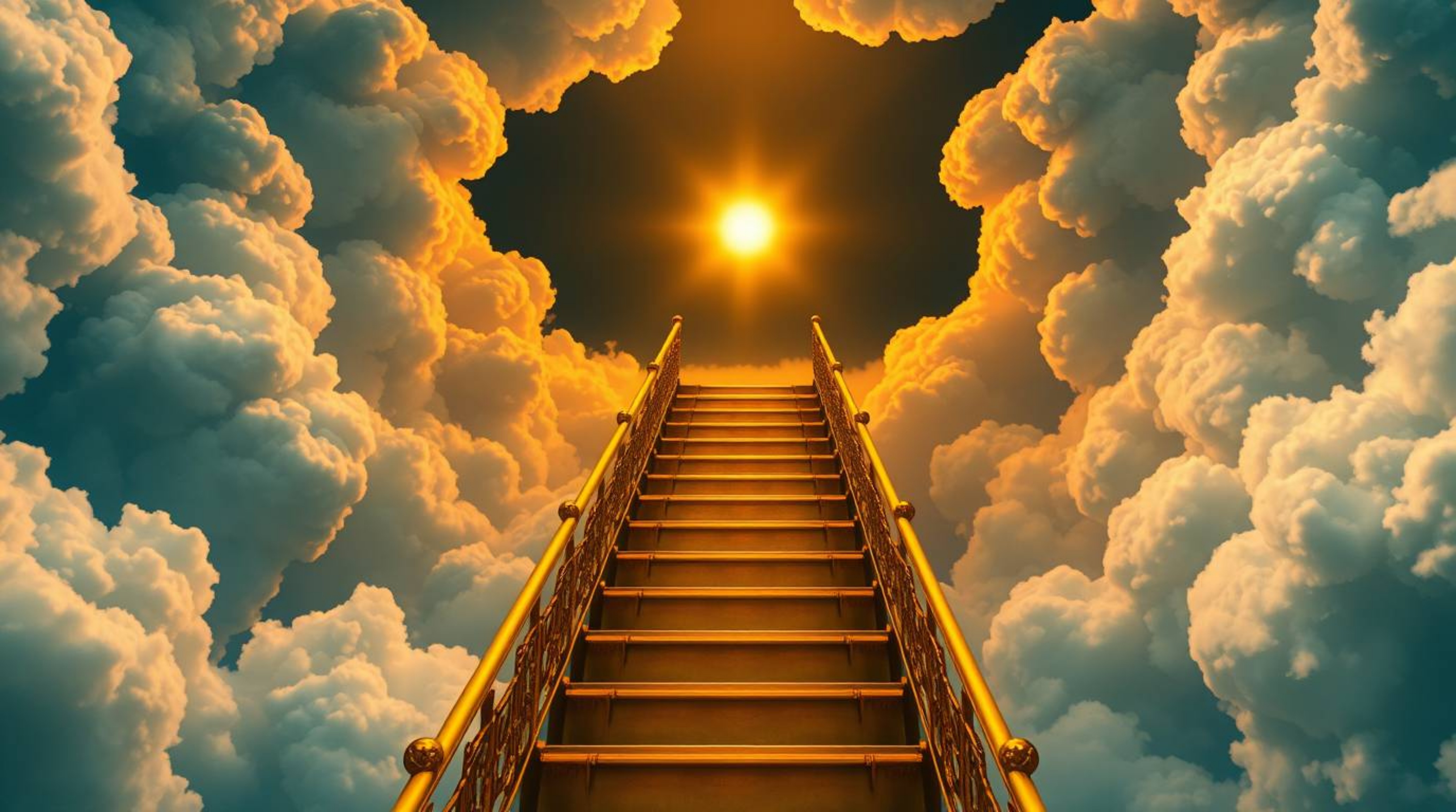 A breathtaking high-angle view captures a golden staircase ascending through luminous clouds towards a radiant heaven. Bathed