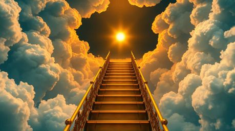 A breathtaking high-angle view captures a golden staircase ascending through luminous clouds towards a radiant heaven. Bathed