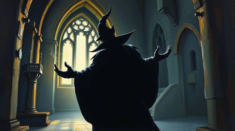 A captivating classic oil painting depicts a silhouetted Disney villain casting a spell within the walls of an ancient castle