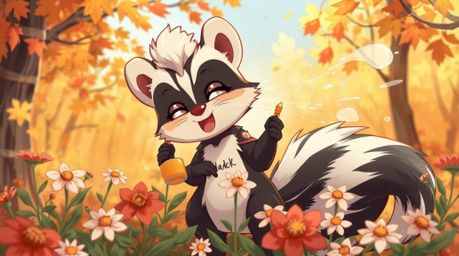 This Isekai anime-style illustration captures a whimsical scene of a cartoon skunk spraying perfume on flowers, set against a