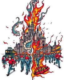 This vibrant art print depicts a city in flames, with people running amidst the chaos. Rendered in a retro style with complex