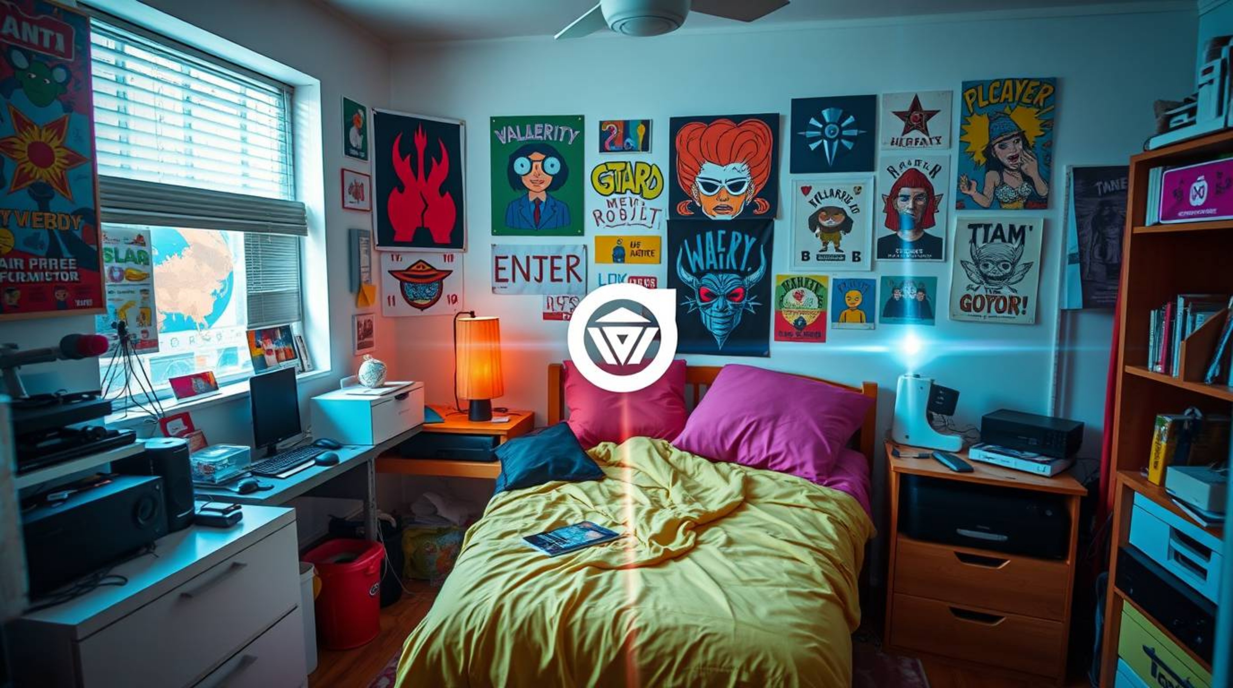 Discover a unique aesthetic with this image showcasing a messy bedroom featuring vibrant colors, geometric shapes, and weird 