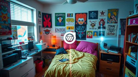 Discover a unique aesthetic with this image showcasing a messy bedroom featuring vibrant colors, geometric shapes, and weird 