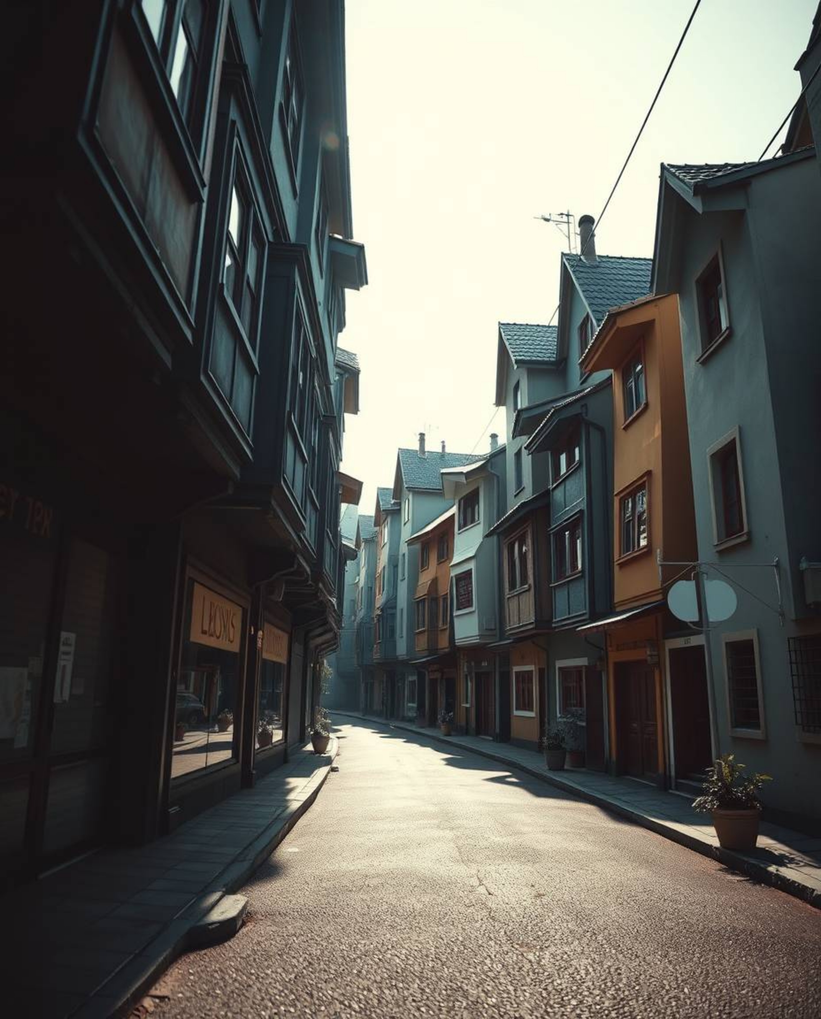 Discover a captivating surreal street scene featuring charming, adorable buildings that fold and twist under dramatic, high-c