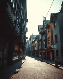 Discover a captivating surreal street scene featuring charming, adorable buildings that fold and twist under dramatic, high-c