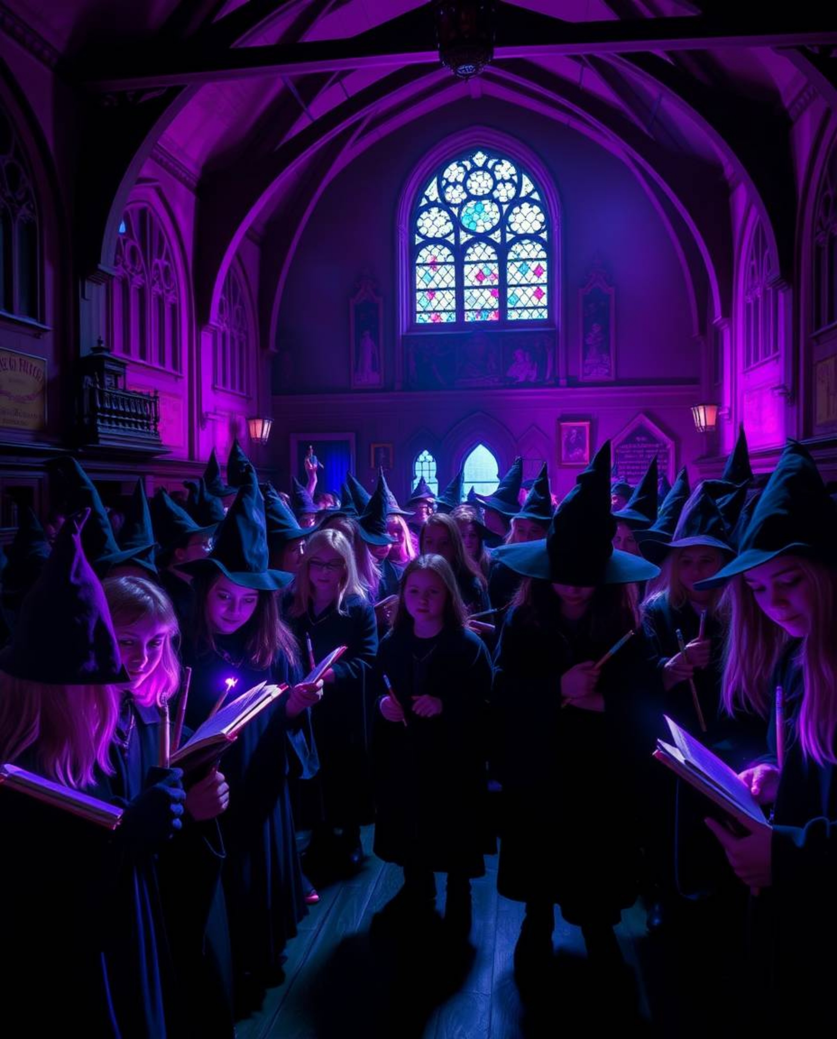 Explore a magical school teeming with young wizards, bathed in deep ultraviolet hues and strong, hard light. Vivid purples an