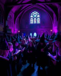Explore a magical school teeming with young wizards, bathed in deep ultraviolet hues and strong, hard light. Vivid purples an