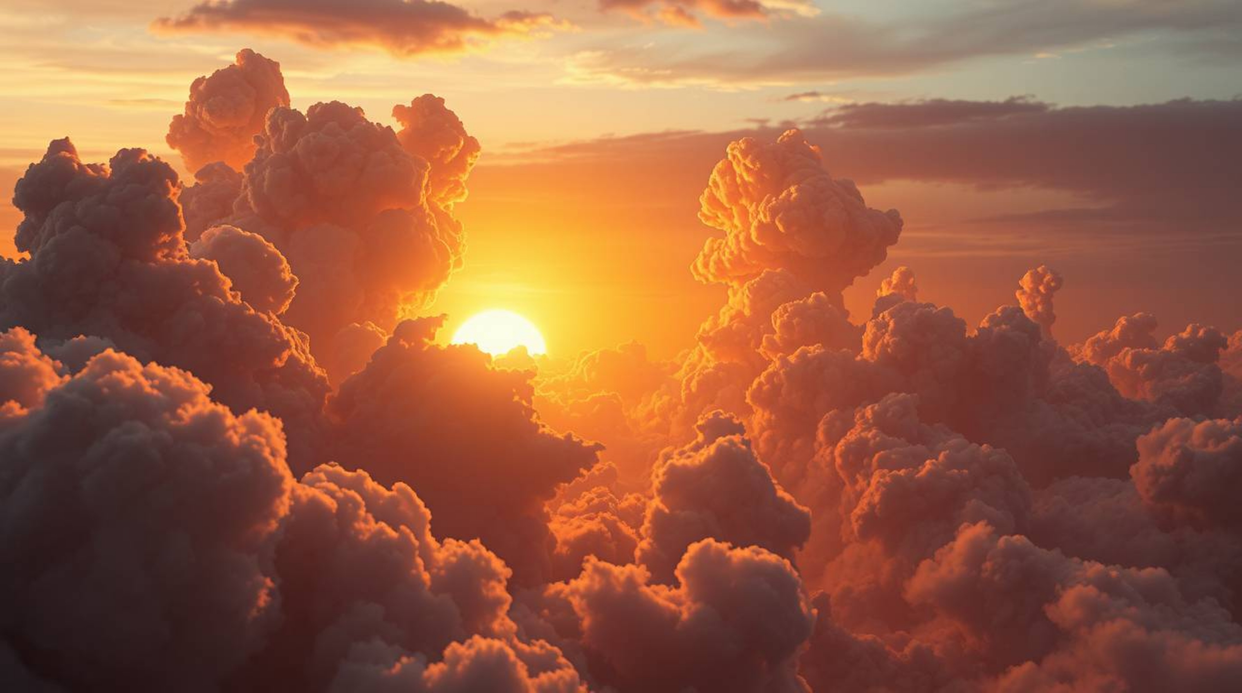 Immerse yourself in a futuristic sci-fi scene where thunderstorm clouds are dramatically illuminated by the warm glow of a se