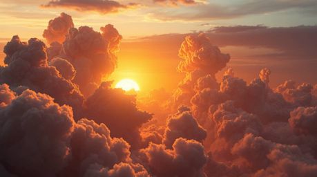 Immerse yourself in a futuristic sci-fi scene where thunderstorm clouds are dramatically illuminated by the warm glow of a se