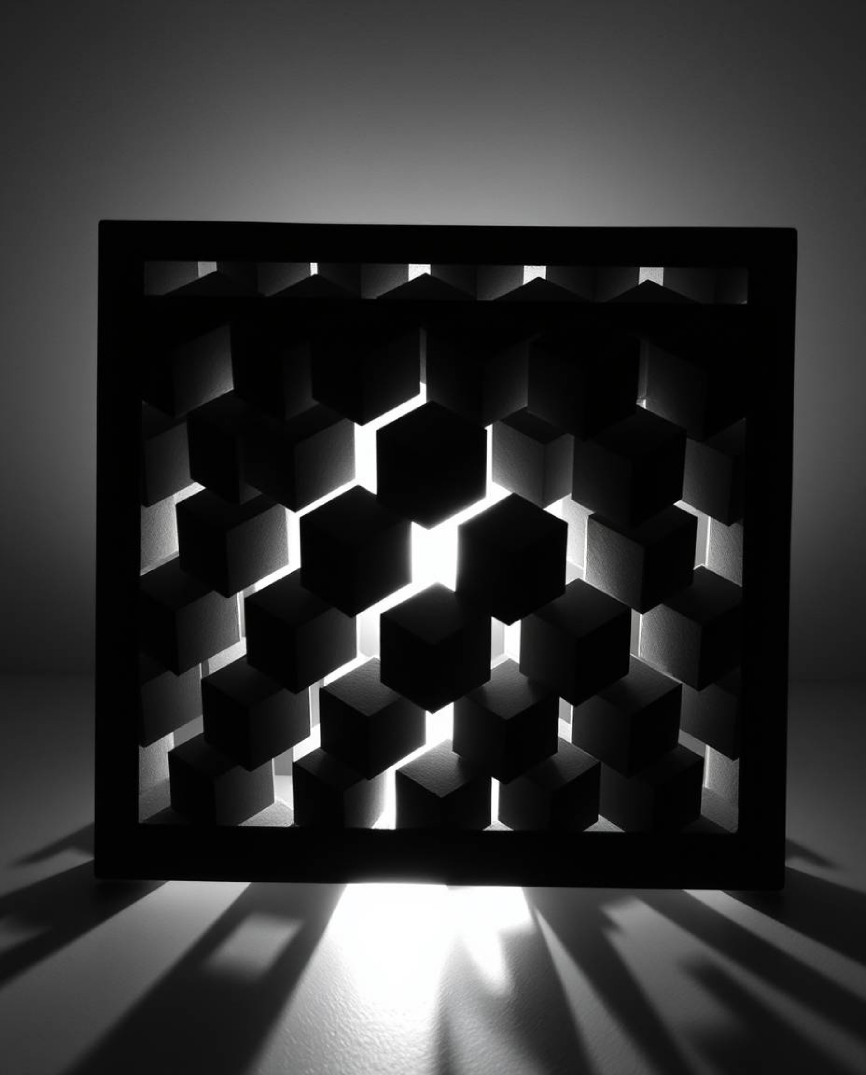 A captivating black and white photograph showcasing a repetitive cube pattern in the style of M.C. Escher's impossible geomet