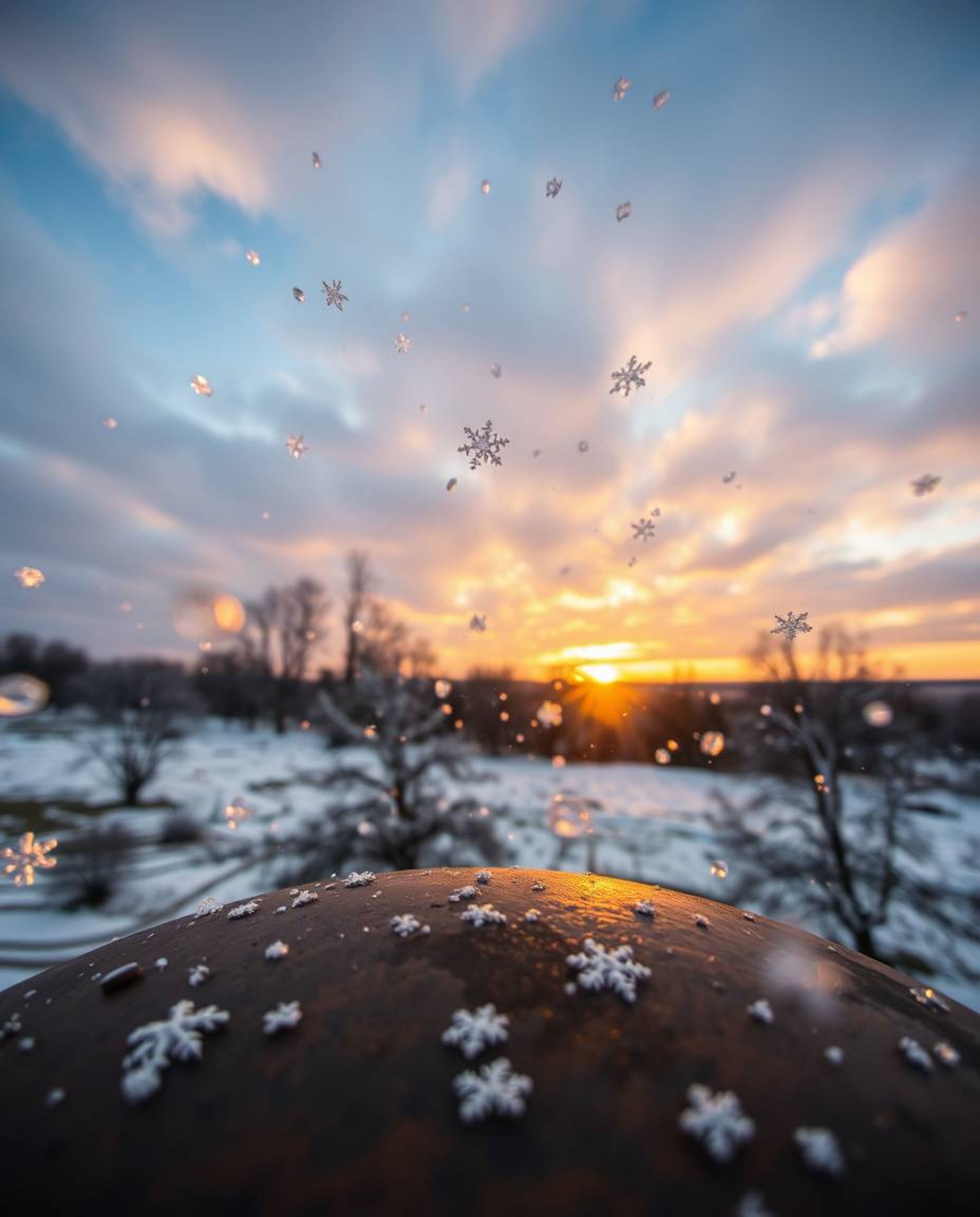 This unique piece captures a high-angle view of snowflakes falling during a vibrant sunset, rendered on a cast bronze surface