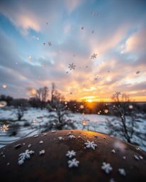 This unique piece captures a high-angle view of snowflakes falling during a vibrant sunset, rendered on a cast bronze surface