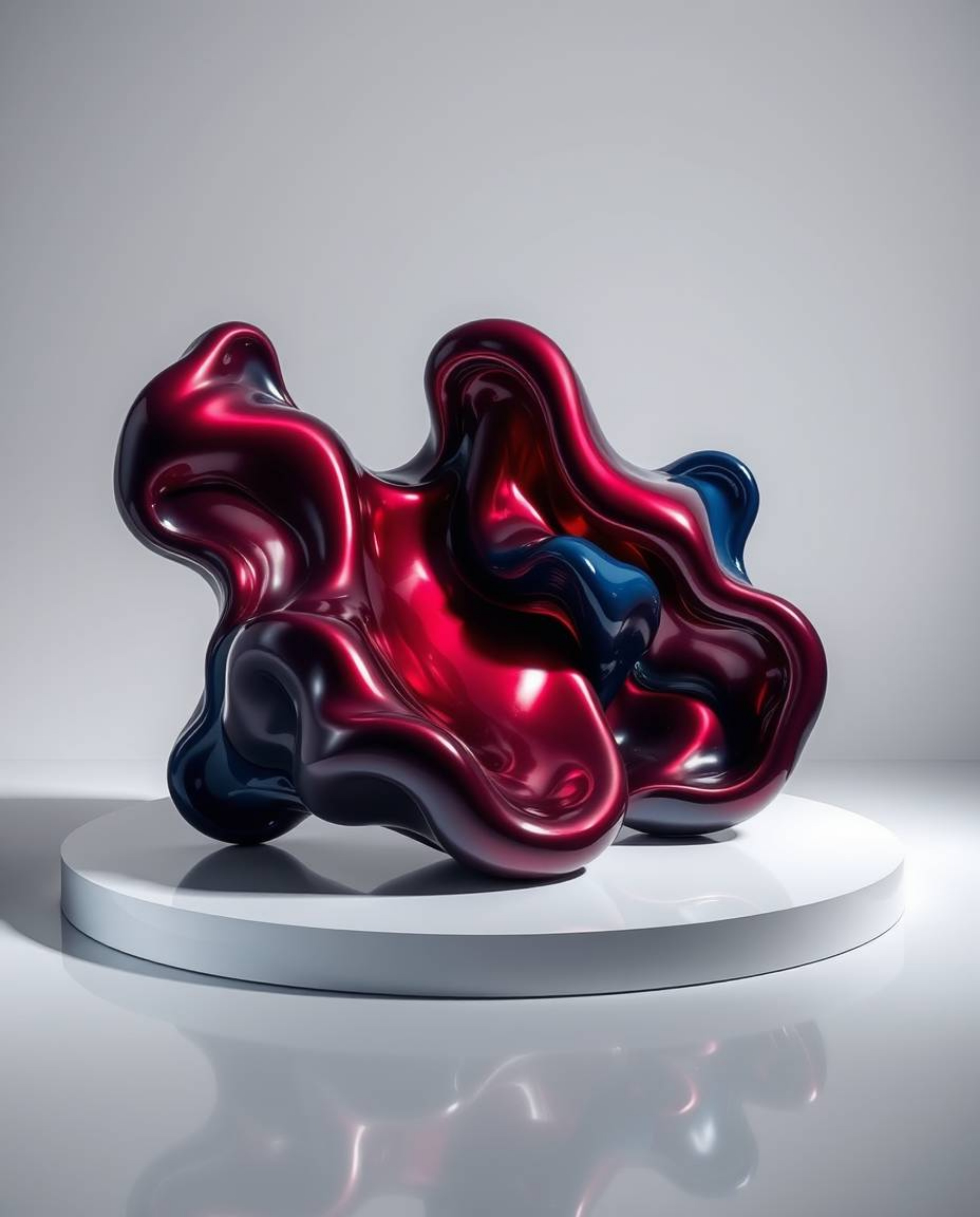 Explore the mesmerizing beauty of sculptural 3D fluid shapes crafted from mercury. This art piece features a highly reflectiv