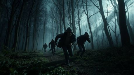 Experience a thrilling chase scene set against a mesmerizing looping forest backdrop.  Intense dramatic lighting and a chilli
