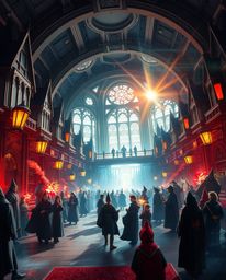 Experience an epic scene of a futuristic magical school brimming with young wizards.  This visually stunning image features a