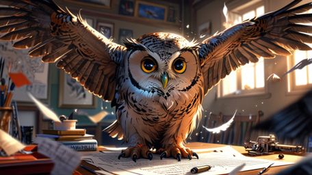In a wonderfully studious and heartwarming scene, created in a beautiful blend of Pixar and anime styles, a wise blind owl is