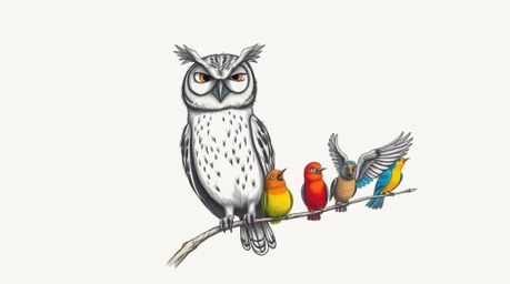 A heartwarming hand-drawn sketch in the style of Pixar depicts a wise-looking blind owl teaching a class of vibrant birds to 